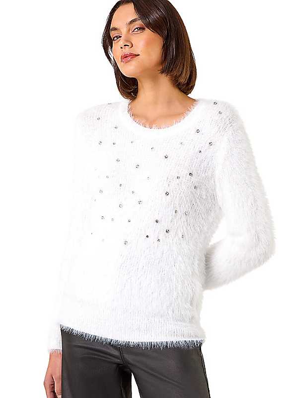 Roman Women's Ivory Embellished Fluffy Knit Jumper In | Size: 12 - Image 4