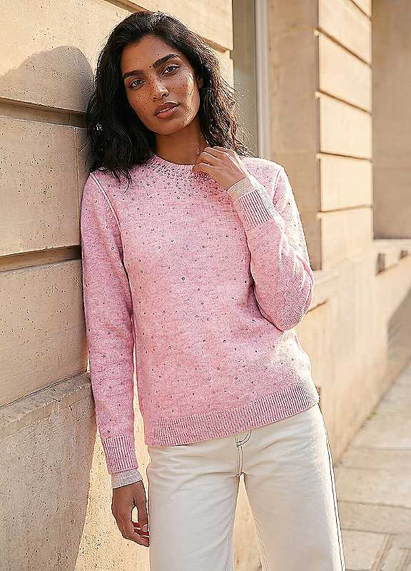 Roman Women's Light Pink Embellished Knit Jumper Size 16 - Image 3