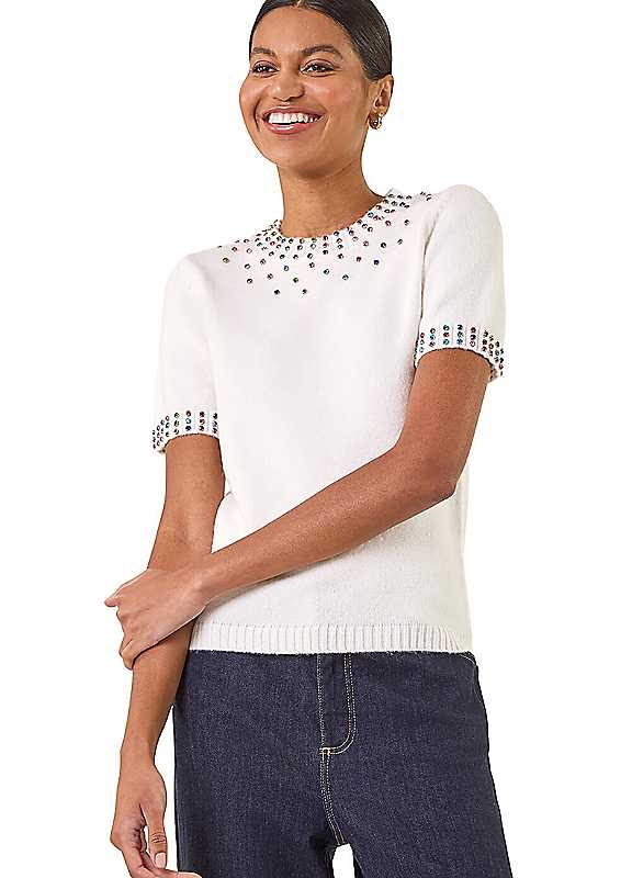 Roman Embellished Neck Knitted Top - Ivory - Image 5