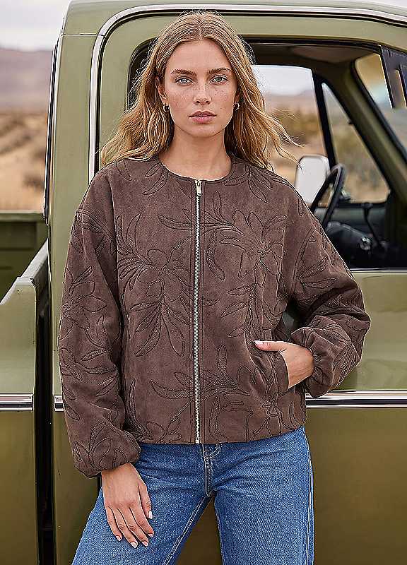 Roman Women's Brown Embroidered Bomber Jacket In | : Size 18 - Image 4