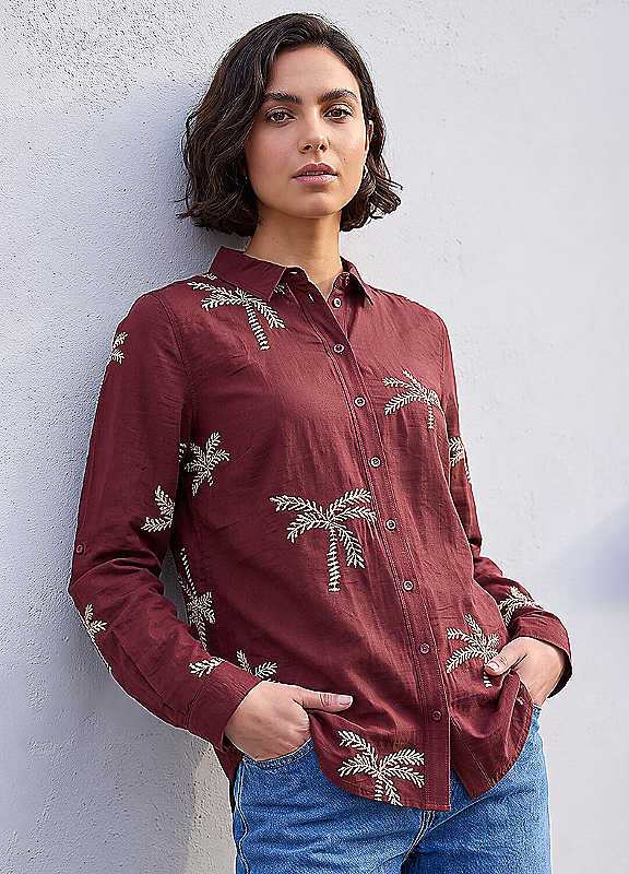 Roman Women's Wine Embroidered Palm Print Shirt In | : Size 16 - Image 7