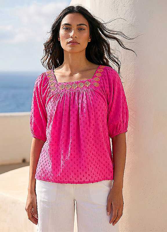 Roman Originals Women's Cerise Roman Embroidered Textured Top Size 14 - Image 3