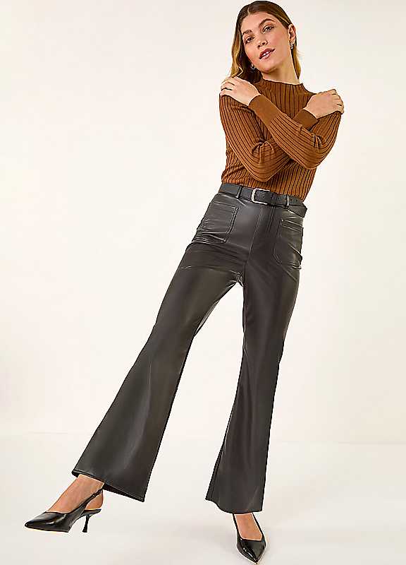 Roman Women's Black Faux Leather Bootcut Trouser Size 20 - Image 5