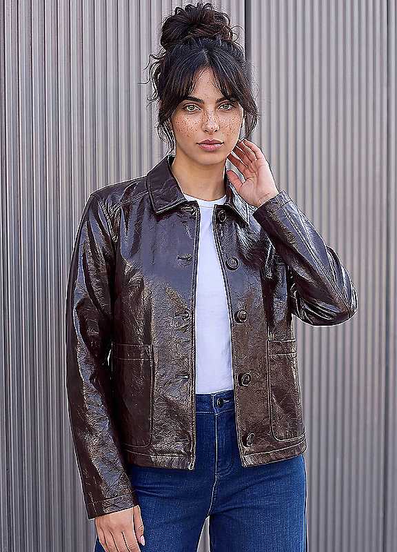 Dusk Women's Chocolate Faux Leather Collared Jacket In | Size: 8 - Image 3
