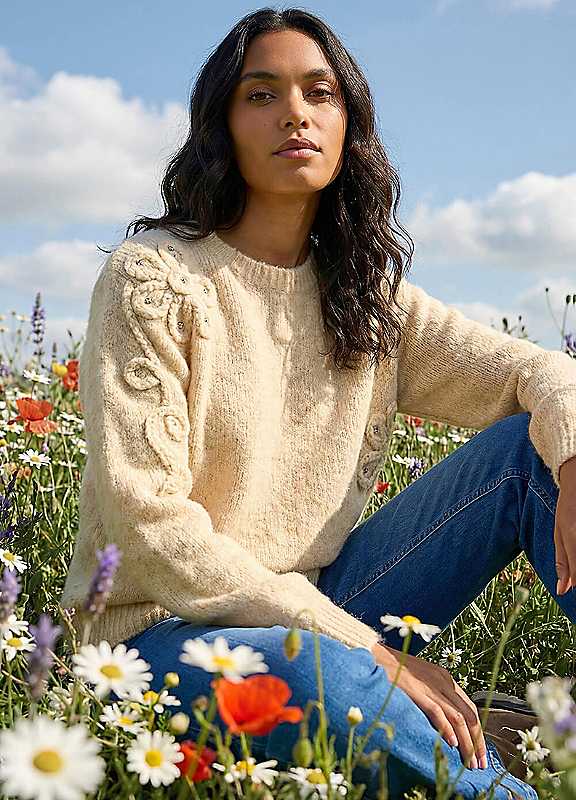 Roman Floral Cornelli Knit Jumper, Cream, Women - Image 3