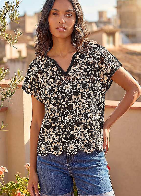 Roman Women's Black Floral Crochet Knit Top In | : Medium - Image 3