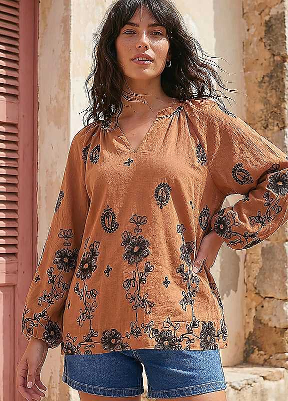 Roman Floral Embroidered Top, Brown, Size 18, Women - Image 3