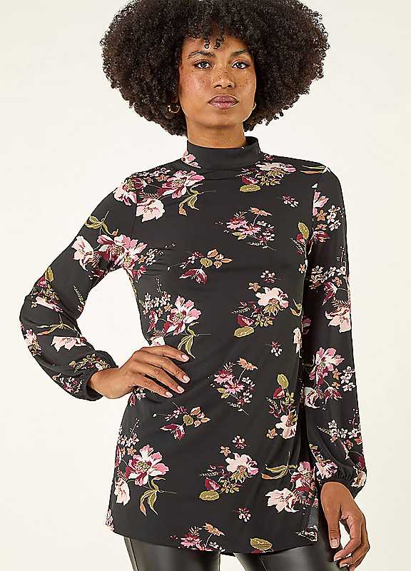Roman Women's Black Floral High Neck Tunic Top In | : Size 20 - Image 8