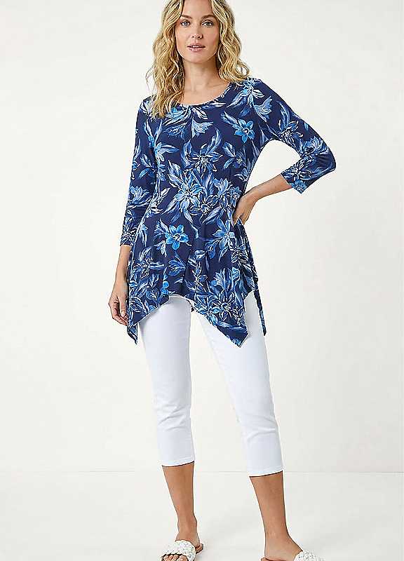 Roman Women's Blue Floral Print Asymmetric Tunic Top Size 10 - Image 2