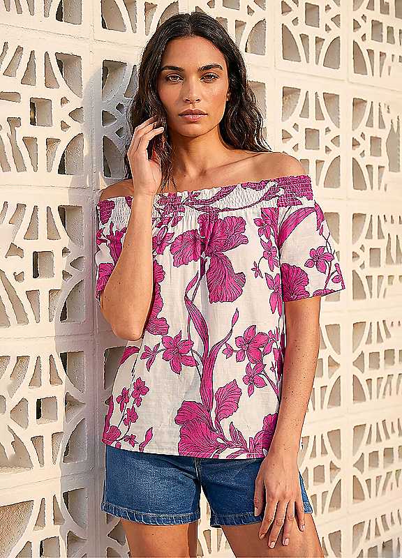 Roman Women's Magenta Floral Print Bardot Top In | : Size 14 - Image 3