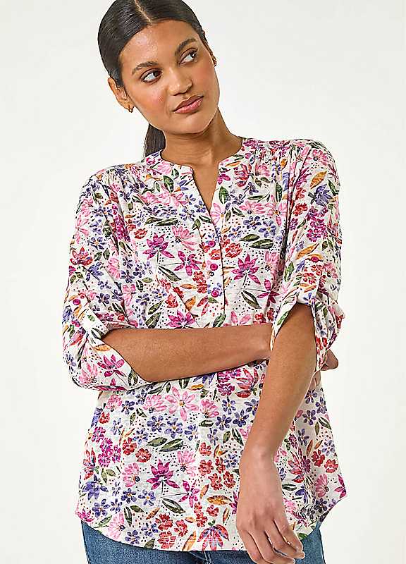 Roman Women's Floral Print Burnout V-Neck Top in Pink | Size: 10 - Image 8