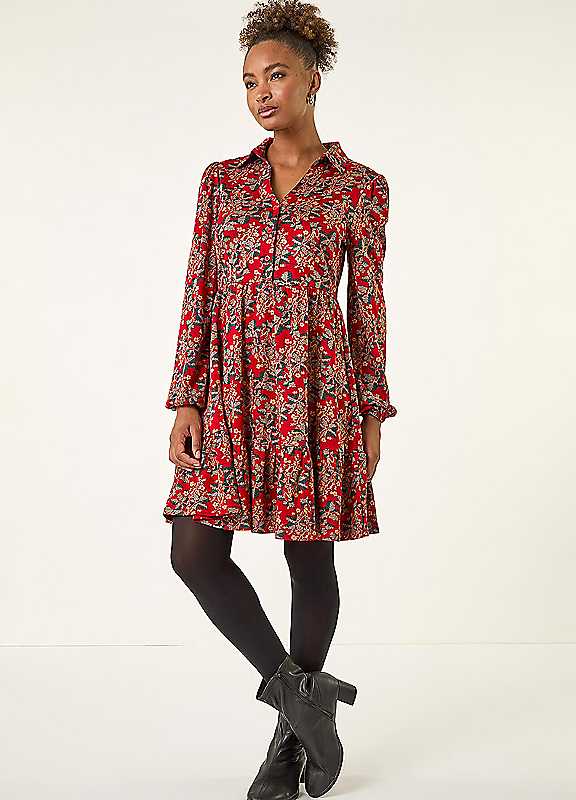 Roman Women's Red Floral Print Button Stretch Dress In | : Size 18 - Image 3