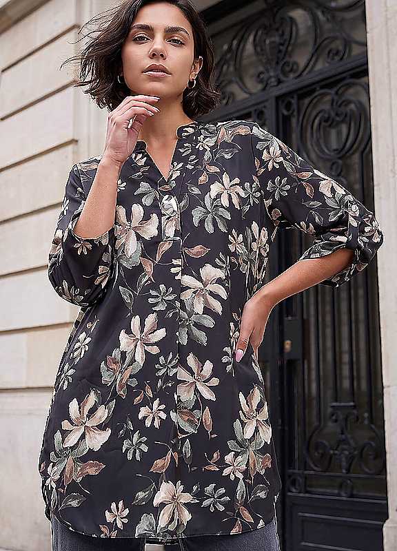 Roman Women's Black Floral Print Buttoned Longline Top In | Size: 12 - Image 3