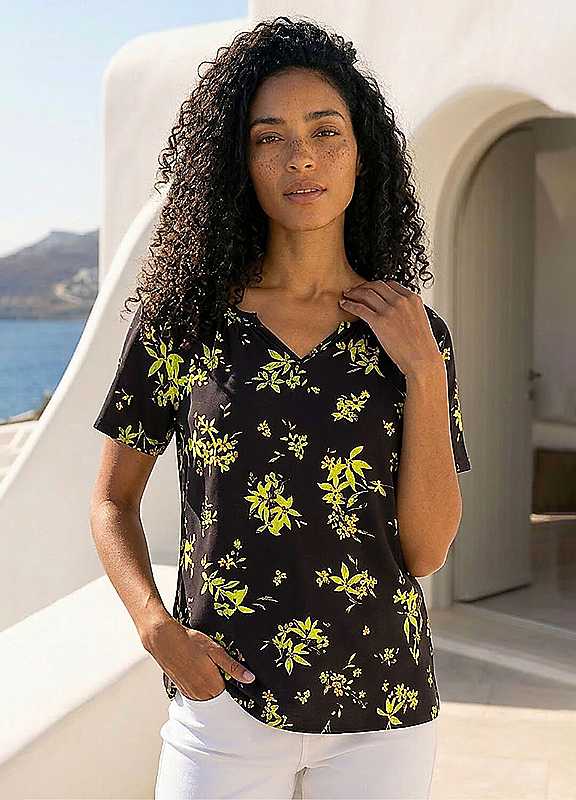 Roman Women's Black Floral Print Gathered Stretch Top In Size 20 - Image 3