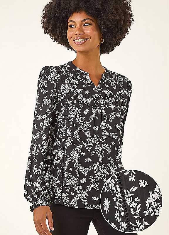 Roman Womens Floral Print Long Sleeve Blouse, Black, Size 14, Women - Image 3