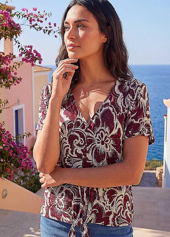 Roman Floral Print Tie Front V-neck Top, Red, Size 10, Women - Image 4