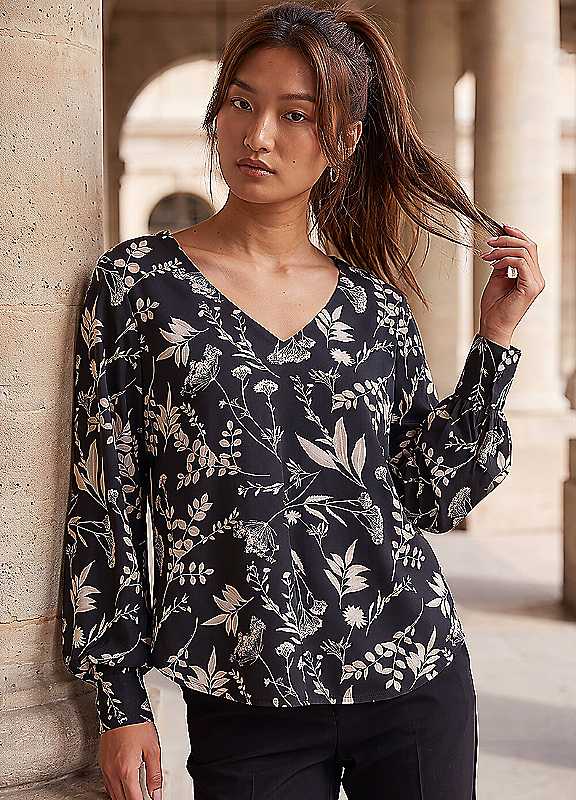 Roman Women's Floral Puff Print Stretch Shirt in Black | Size: 14 - Image 3