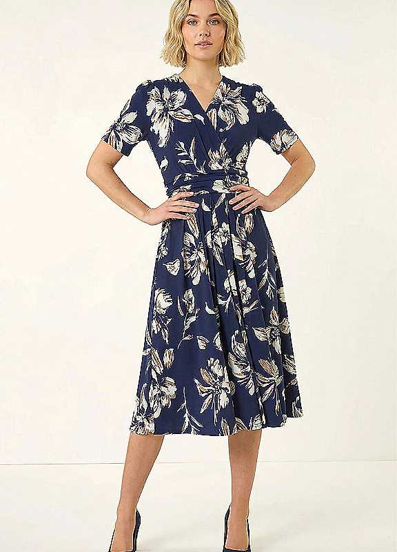 Roman Women's Floral Wrap Midi Dress in Navy | Size: 20 - Image 4