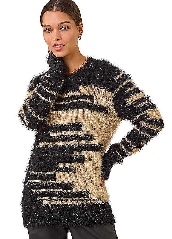Roman Women's Camel Fluffy Cut Stripe Knit Jumper In | : Size 14 - Image 5