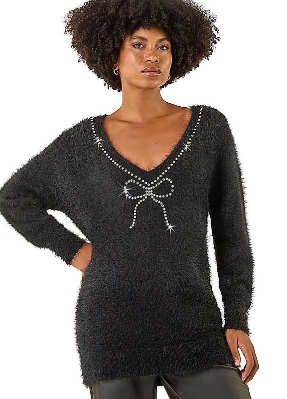 Roman Black Fluffy Embellished Bow Knit Jumper
