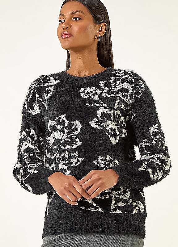 Roman Women's Black Fluffy Floral Knit Jumper In | : Size 14 - Image 2