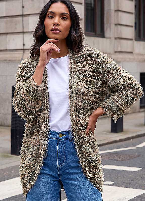Roman Womens Fluffy Soft Stretch Longline Cardigan, Green, Size 20, Women - Image 3