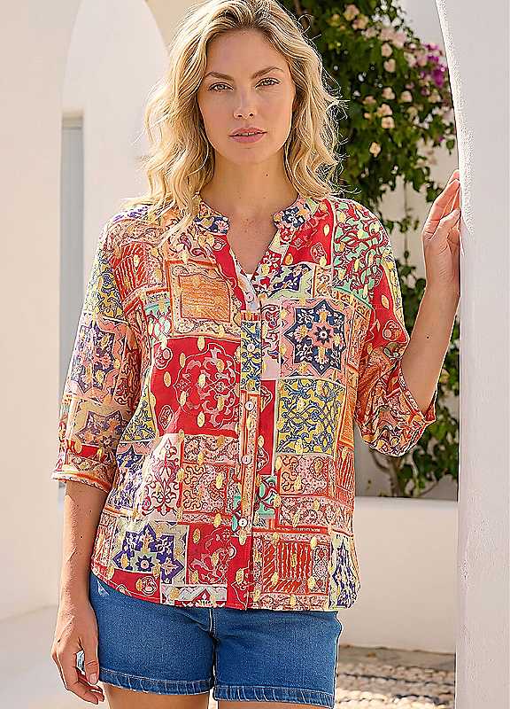 Roman Originals Shirt Top for Women UK Ladies Collarless Blouse Smart Tunic Button Through Longline Asymmetric Hem 3/4 Length Roll Up Sleeves V Neck Going Out - Image 3