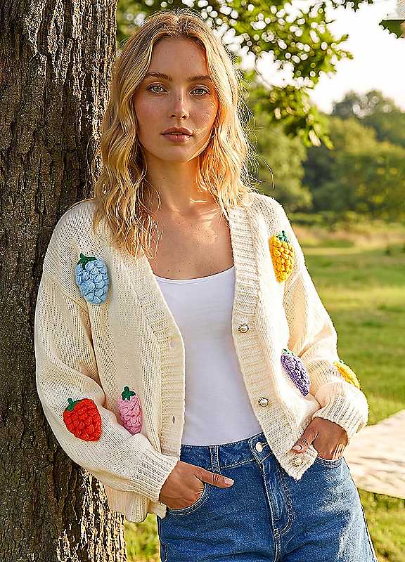 Roman Women's Ivory Fruit Embroidered Knit Cardigan Sweater In | : Medium - Image 8