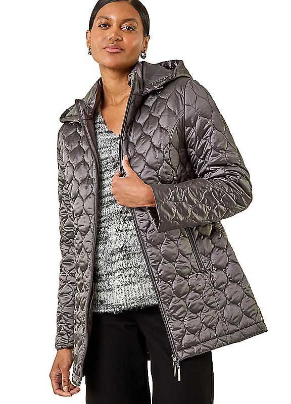 Roman Women's Grey Hooded Quilted Puffer Coat In Size 10 - Image 3