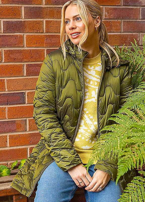 Roman Women's Khaki Wave Quilted Puffer Hooded Coat In | : Size 10 - Image 2