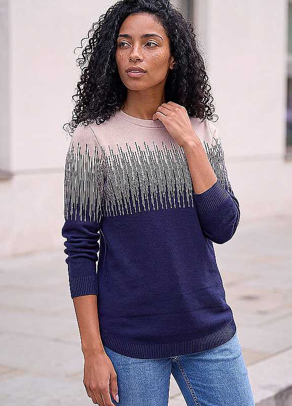 Roman Women's Navy Sparkly Colour Block Knitted Jumper Size 10 - Image 4