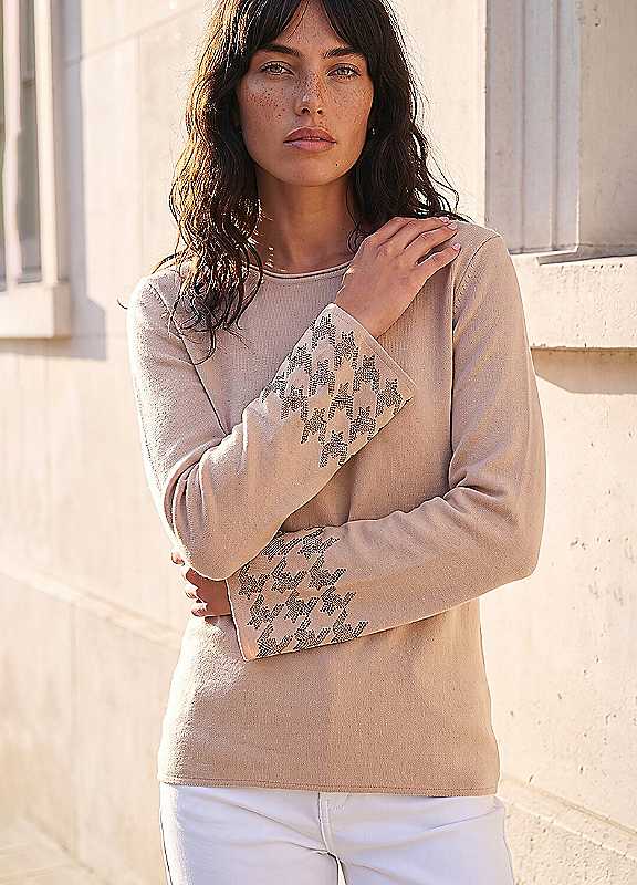 Roman Women's Beige Sparkly Sleeve Knit Jumper In Size 16 - Image 2