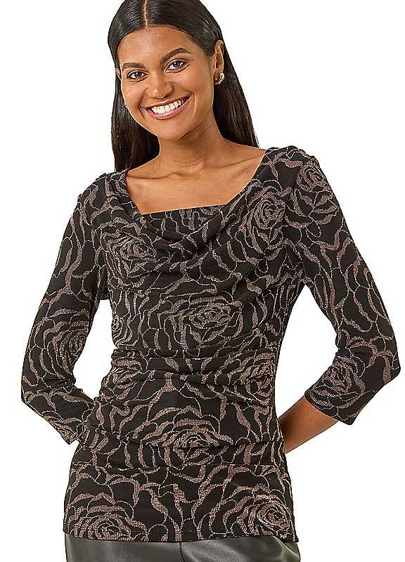Roman Bronze Jacquard Cowl Neck Stretch Top