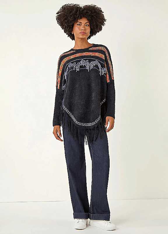Roman Women's Black Jacquard Tassel Knit Jumper In | : Size 20 - Image 2