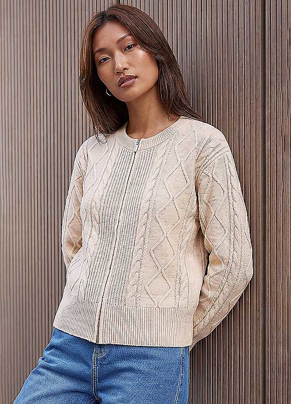 Roman Knitted Cable Bomber, Cream, Size 20, Women - Image 4