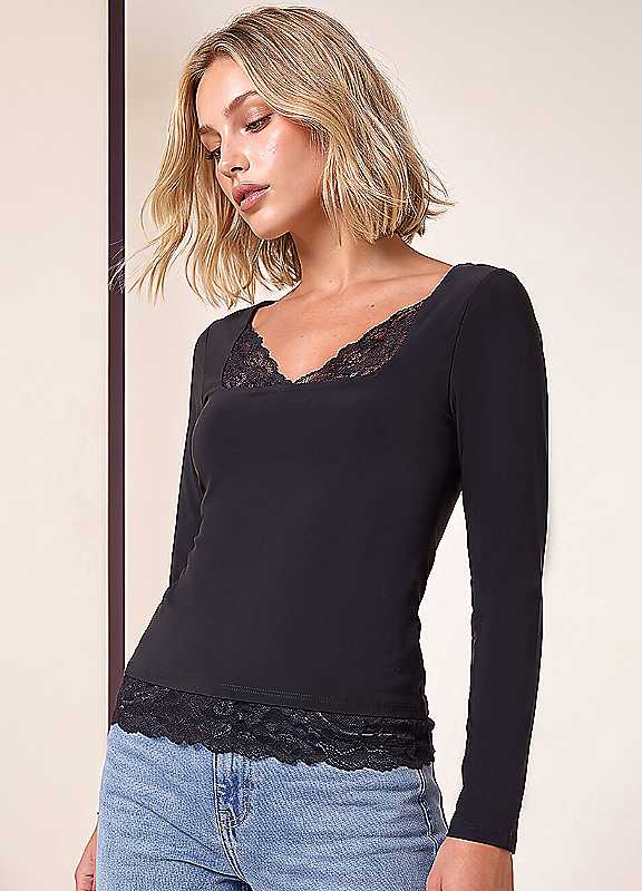 Roman Womens Lace Front Long Sleeve Top, Black, Size 18, Women - Image 4