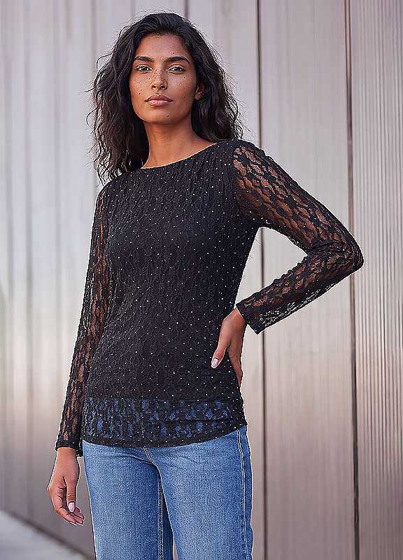 Roman Stud Lace Ruched Top, Black, Size 18, Women - Image 7