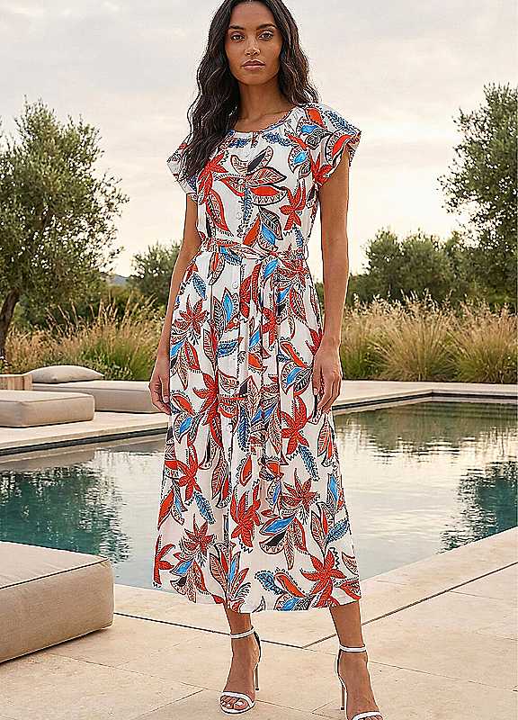 Roman Women's White Leaf Print Belted Midi Dress In | Size: 18 - Image 8