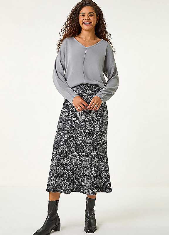Roman Women's Dark Grey Leaf Print Panelled Tulip Skirt Size 14 - Image 2