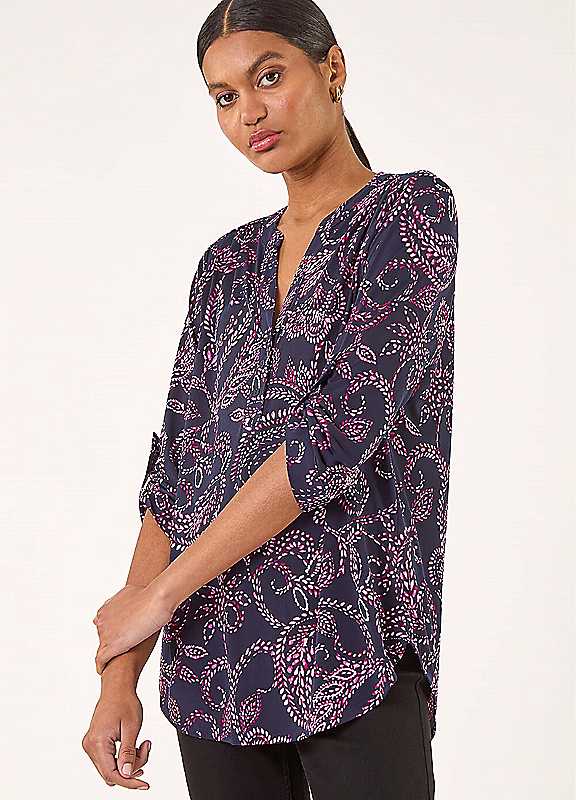 Roman Women's Navy Leaf Puff Print Stretch Shirt In Size 18 - Image 5