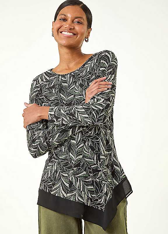 Roman Women's Leaf Puff Print Stretch Top in Dark Green | Size: 12 - Image 4