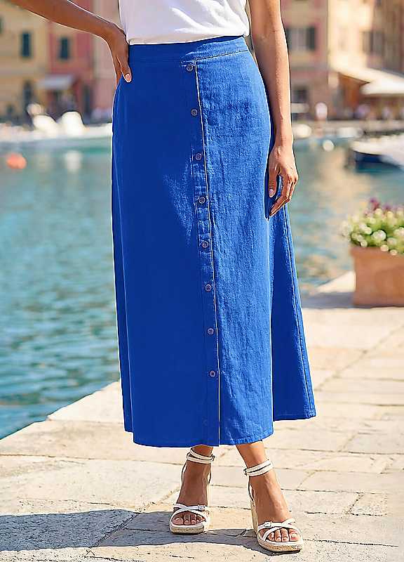 Roman Women's Navy Linen Button Pencil Midi Skirt In | : Size 14 - Image 3