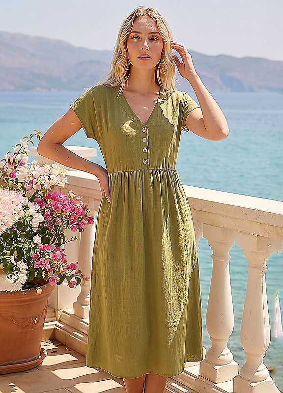 Roman Women's Khaki Linen Look Button Midi Dress In | : Size 10 - Image 3