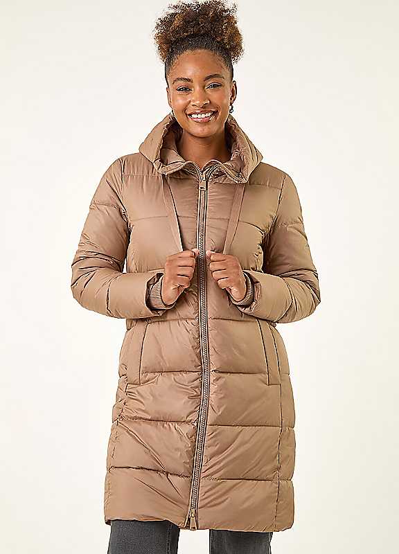 Roman Women's Tan Longline Padded Hooded Coat In | Size: 18 - Image 4