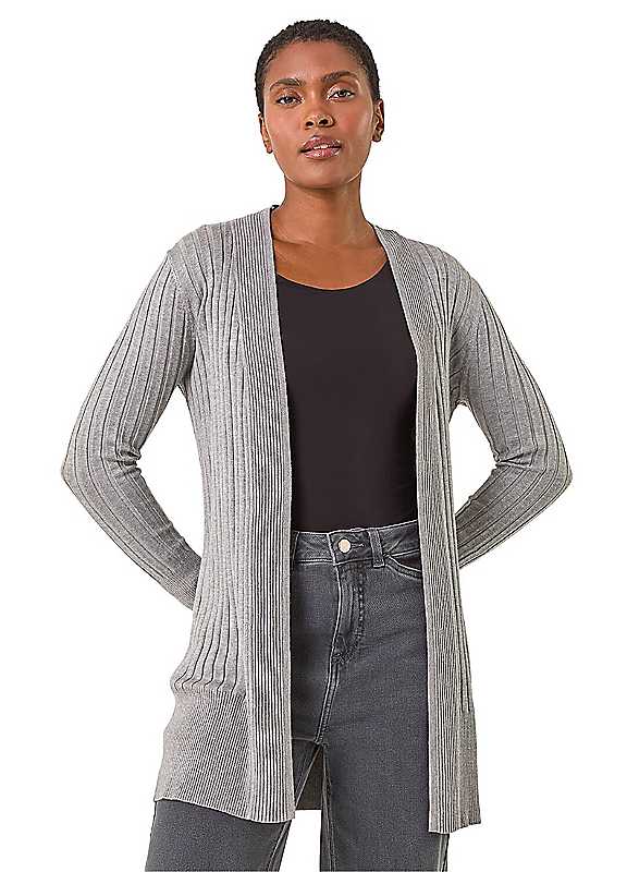 Roman Women's Light Grey Longline Stretch Ribbed Cardigan Sweater In | : Size 20 - Image 3
