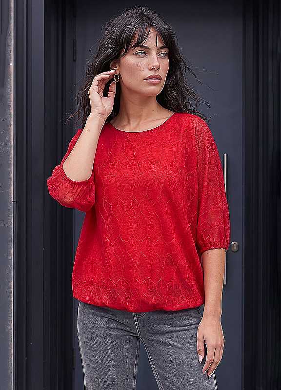 Roman Women's Red Mesh Bubble Hem Stretch Top In Size 16 - Image 6