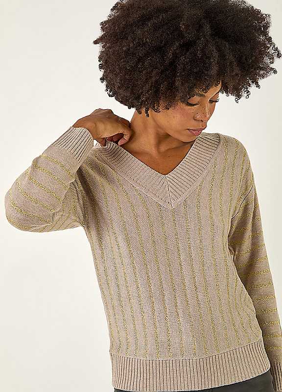 Roman Women's Metallic Stripe Knit Jumper in Stone | Size: 14 - Image 6