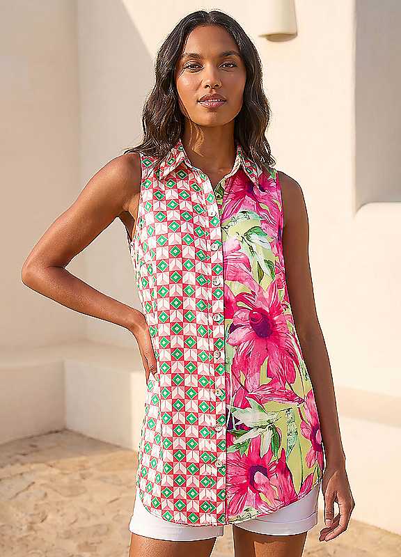 Roman Originals Women's Pink Roman Abstract Floral Longline Shirt Size 12 - Image 3