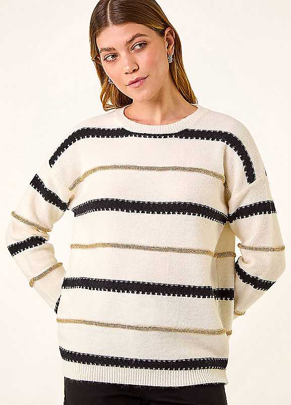Roman Women Stripe Print Jumper Ladies Winter Autumn Knit Knitted Sweater Embroidered Knitwear Casual Smart Round Crew Neck Pull Over Everyday Going Out Party - Image 3