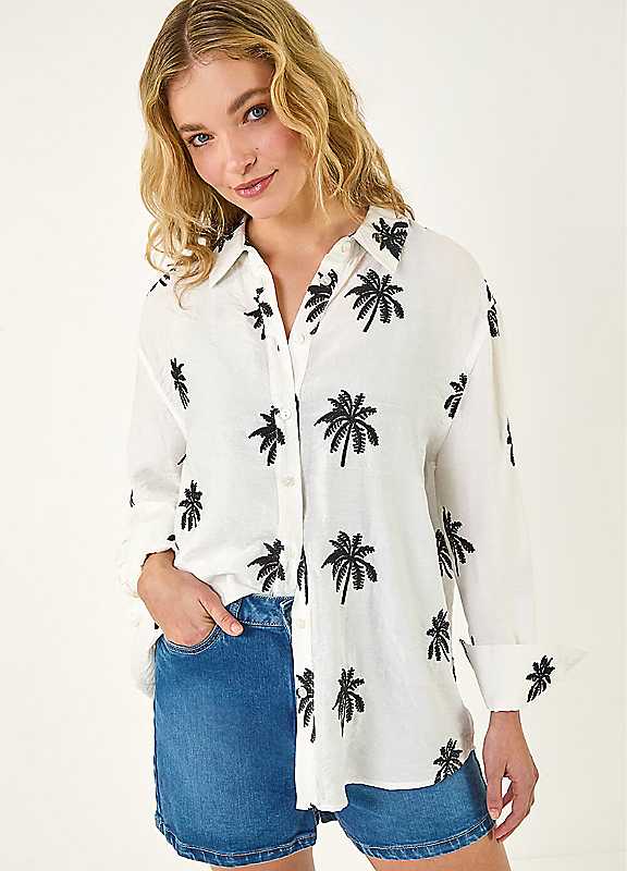 Roman Dusk Palm Embroidered Shirt, White, Size 12, Women - Image 6